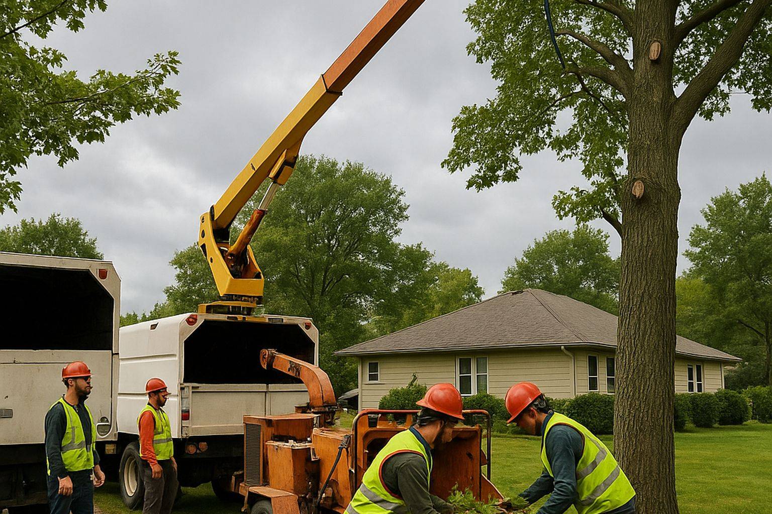 Tree workers securing trees and cleaning up storm debris after a recent storm in Freehold