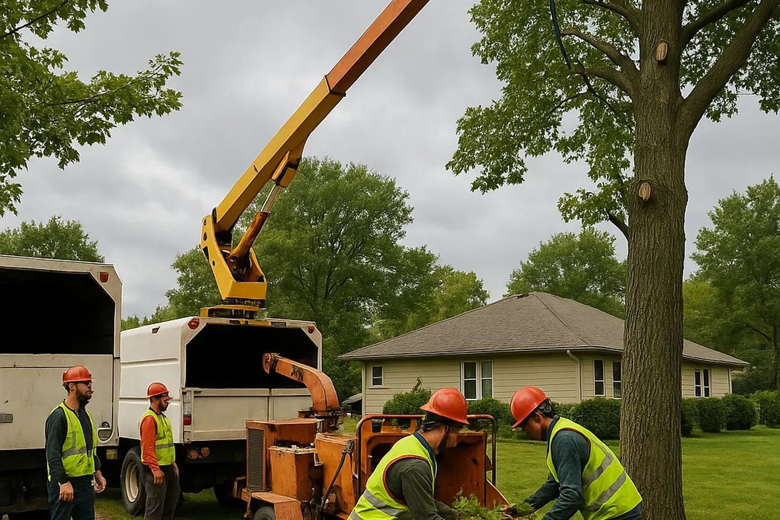 Tree workers securing trees and cleaning up storm debris after a recent storm in Freehold