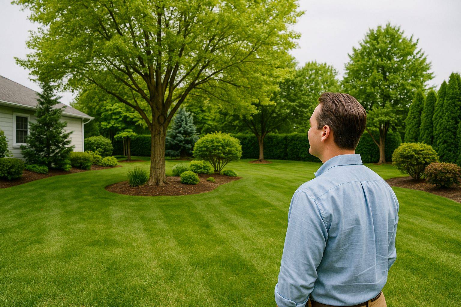 Arborist trimming a unique ornamental tree in a suburban neighbourhood