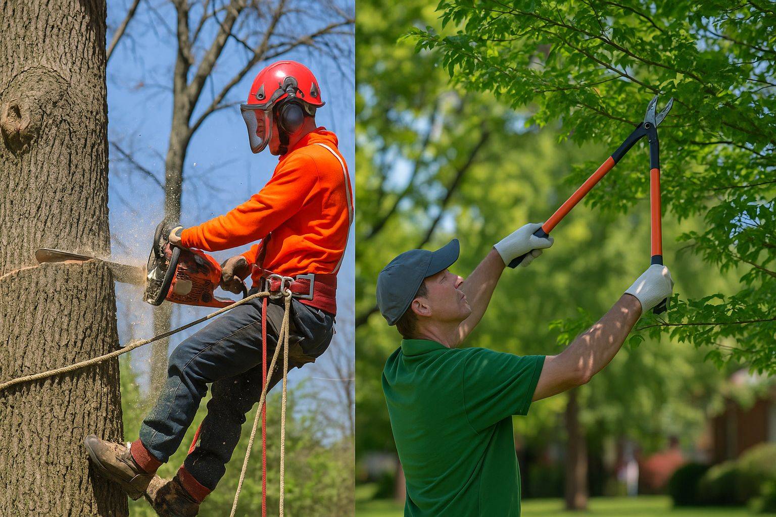 Illustration comparing tree removal with a crane on one side and tree trimming with pruning shears on the other