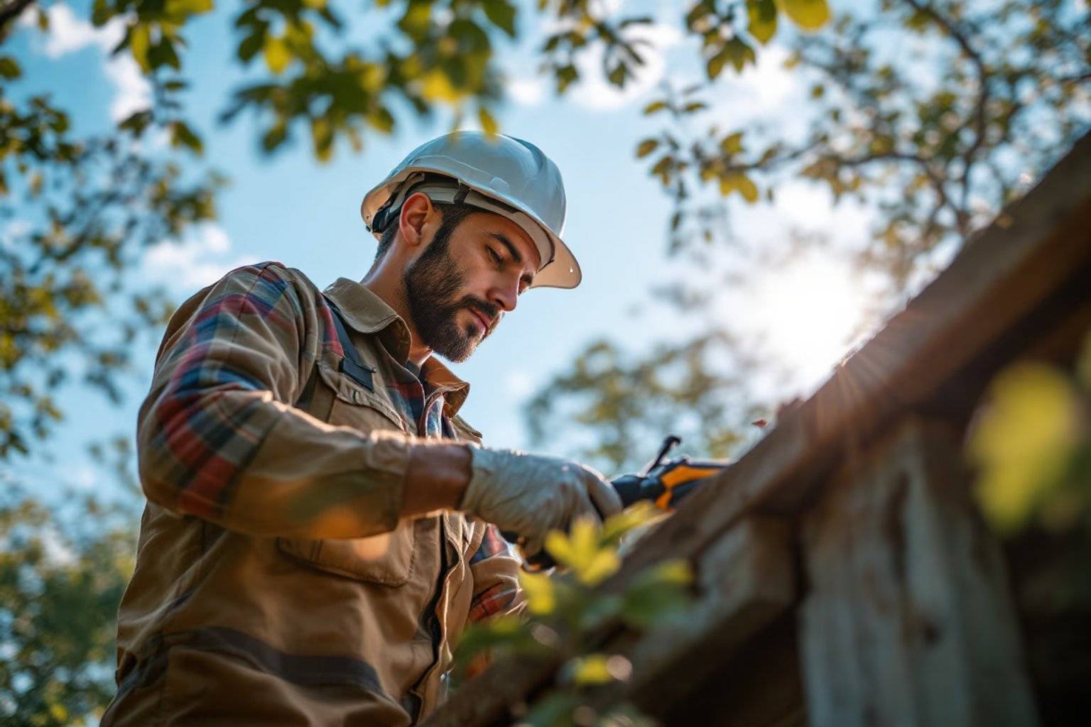 Tree care professional working outdoors wearing a hard hat and using a saw