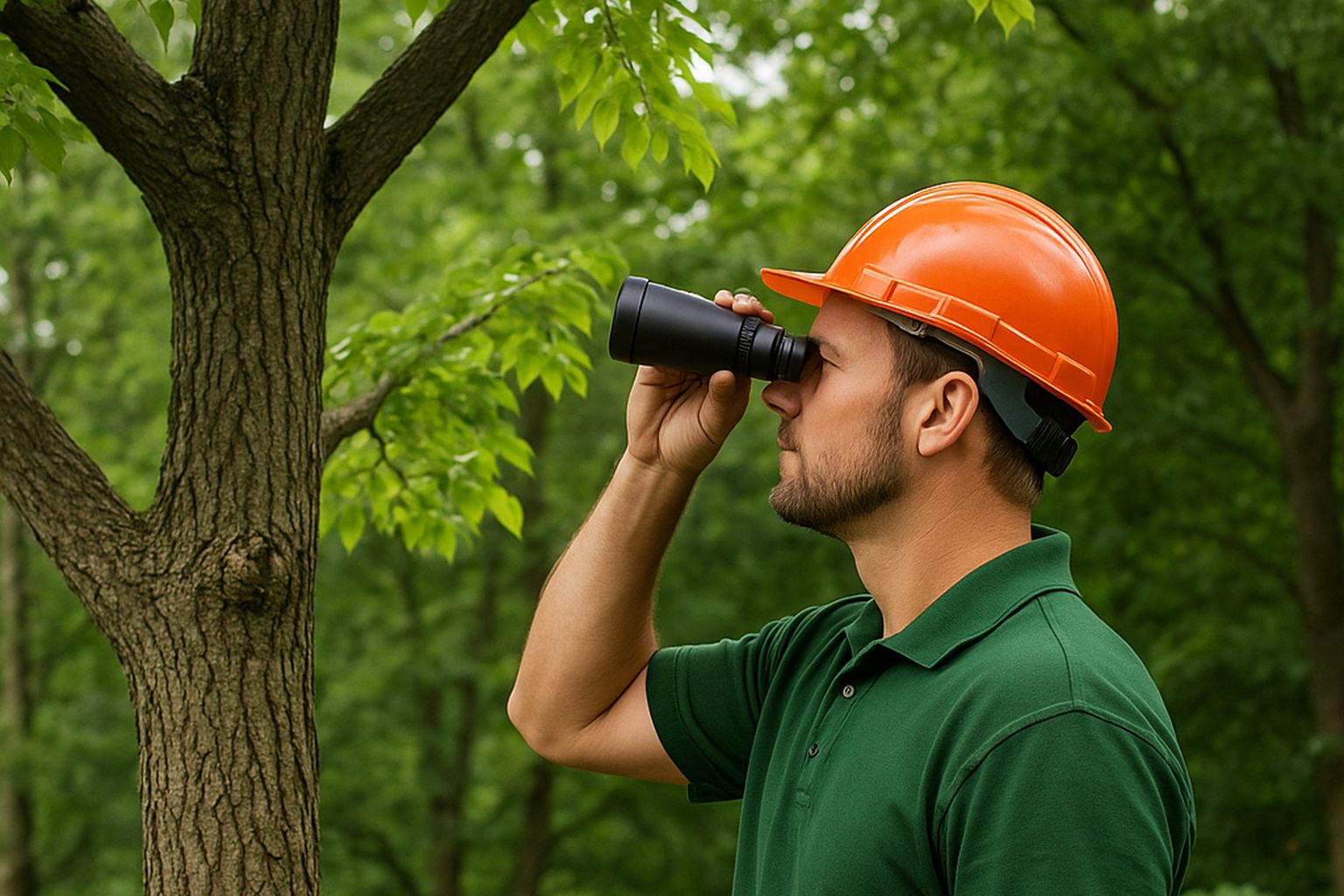 Tree maintenance work on a commercial city street lined with businesses, with workers trimming street trees