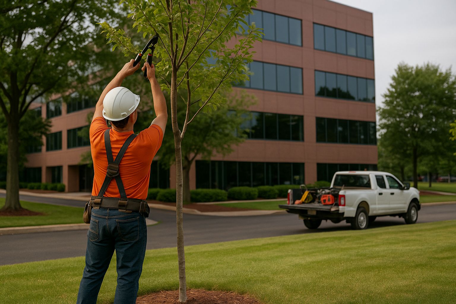 Tree service crew working on a commercial property near an office building, trimming and maintaining trees