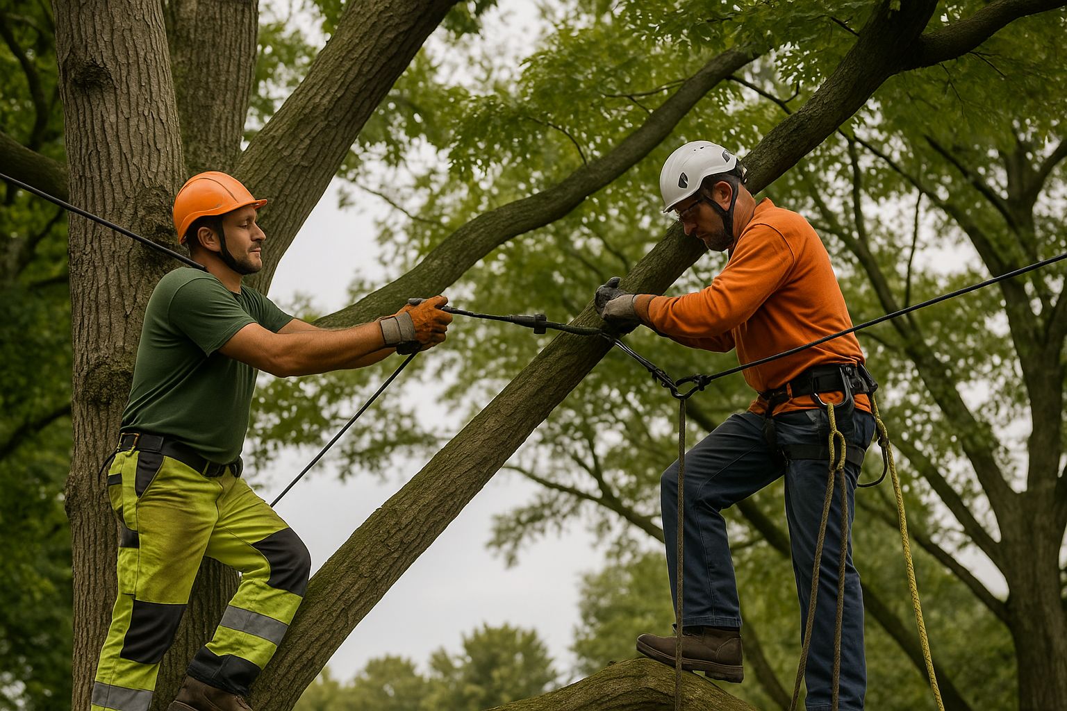 Tree care professional inspecting tree health and applying nutrients or fertilizer to the base