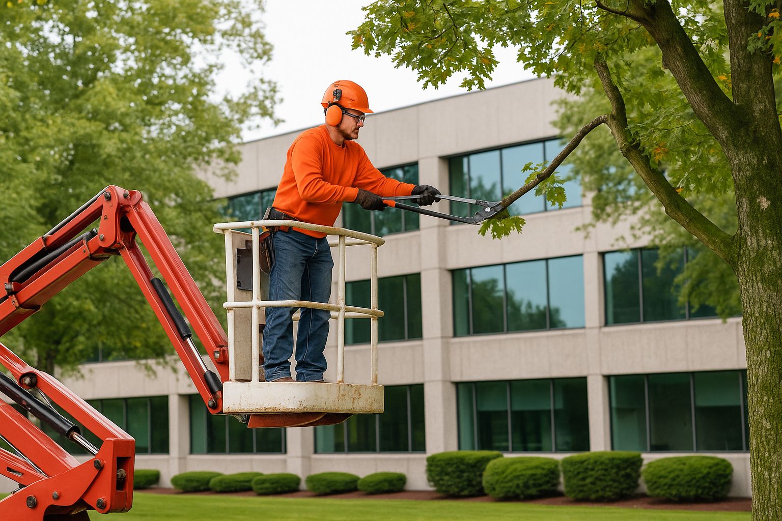 Gardener trimming a hedgerow with a powered hedge trimmer in a neat suburban garden