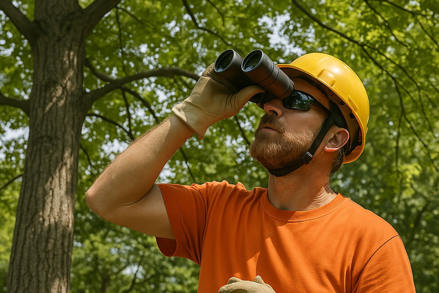 Arborist using binoculars to examine the canopy of a tall tree during a tree risk evaluation