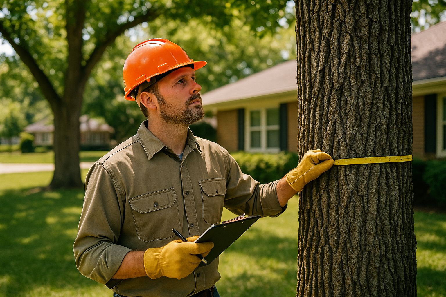 Certified arborist performing a tree risk evaluation by measuring a tree trunk in a suburban yard