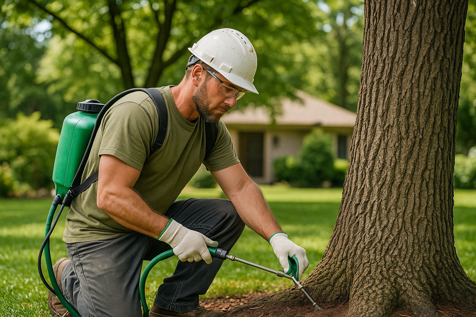 Tree removal crew cutting down a large tree using chainsaws and ropes in a residential yard