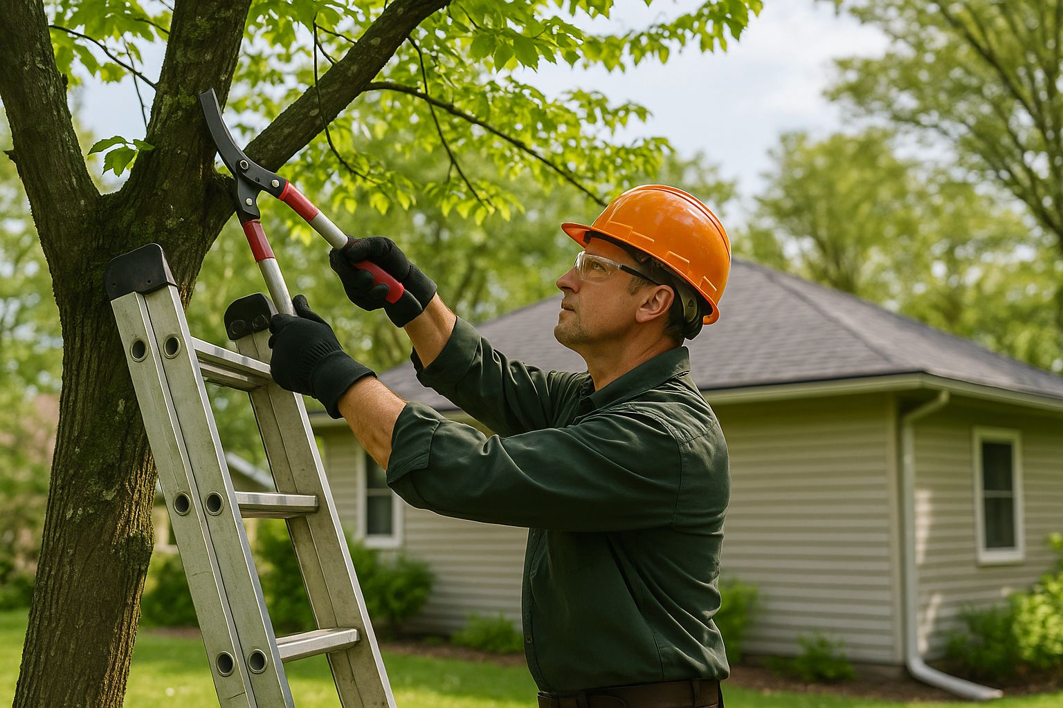 Arborist trimming branches of a tree using pruning shears while on a ladder in a suburban garden